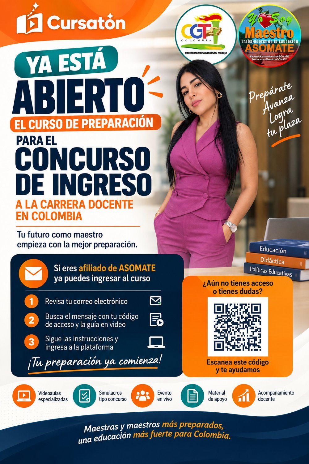 Afiche: ya está abierto el curso de preparación para el concurso de ingreso a la carrera docente en Colombia.